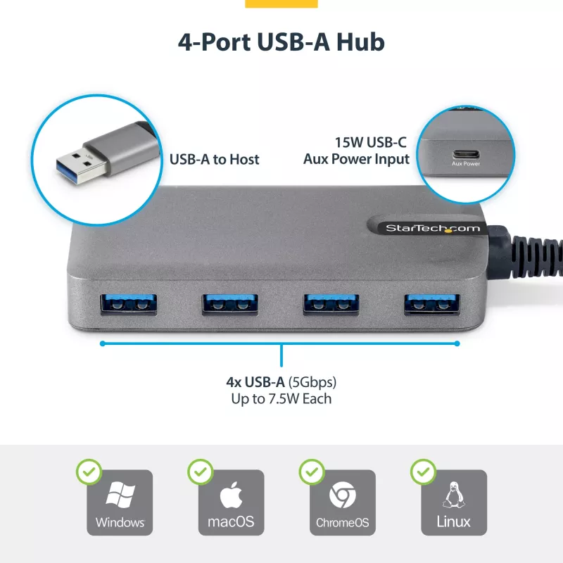 StarTech.com Hub USB-A a 4 porte, 5 Gbit/s, bus-powered, hub USB-A a 4x USB-A con ingresso alimentazione ausiliaria USB-C, cavo host da 30 cm, hub USB portatile per desktop/laptop