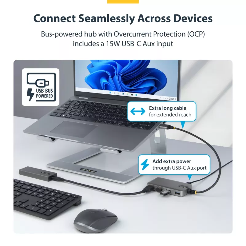 StarTech.com Hub USB-A a 4 porte, 5 Gbit/s, bus-powered, hub USB-A a 4x USB-A con ingresso alimentazione ausiliaria USB-C, cavo host da 30 cm, hub USB portatile per desktop/laptop