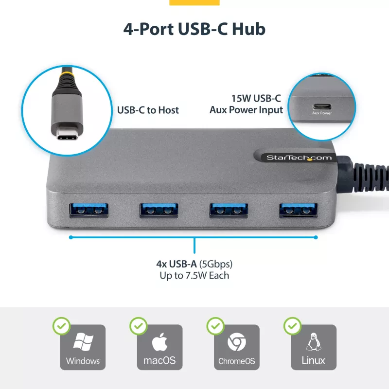 StarTech.com Hub USB-C a 4 porte, 5 Gbit/s, bus-powered, hub USB-C a 4x USB-A con ingresso alimentazione ausiliaria USB-C, cavo host da 1 ft/30 cm, hub USB portatile per desktop/laptop