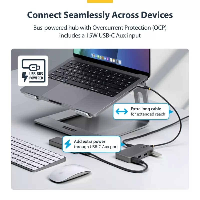 StarTech.com Hub USB-C a 4 porte, 5 Gbit/s, bus-powered, hub USB-C a 4x USB-A con ingresso alimentazione ausiliaria USB-C, cavo host da 1 ft/30 cm, hub USB portatile per desktop/laptop