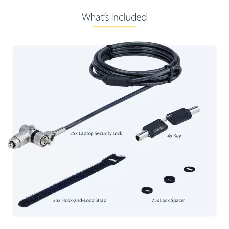 StarTech.com Confezione da 25 lucchetti universali per notebook da 2 m, chiave unica, cavo di sicurezza, compatibile con Noble Wedge®/Nano/K-Slot, cavo antifurto resistente al taglio