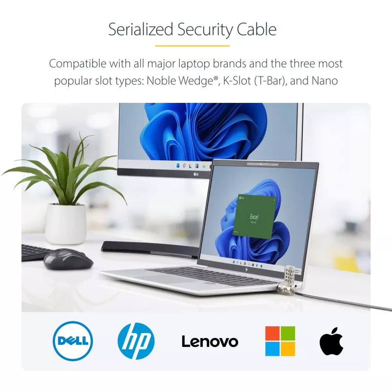 StarTech.com Confezione da 25 lucchetti universali per laptop da 2 m, cavo di sicurezza serializzato per notebook, compatibile con Noble Wedge®/Nano/K-Slot, cavo con lucchetto a combinazione senza chiave – TAA