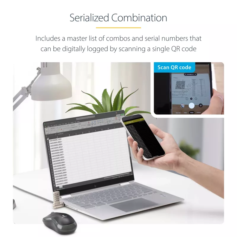 StarTech.com Confezione da 25 lucchetti universali per laptop da 2 m, cavo di sicurezza serializzato per notebook, compatibile con Noble Wedge®/Nano/K-Slot, cavo con lucchetto a combinazione senza chiave – TAA