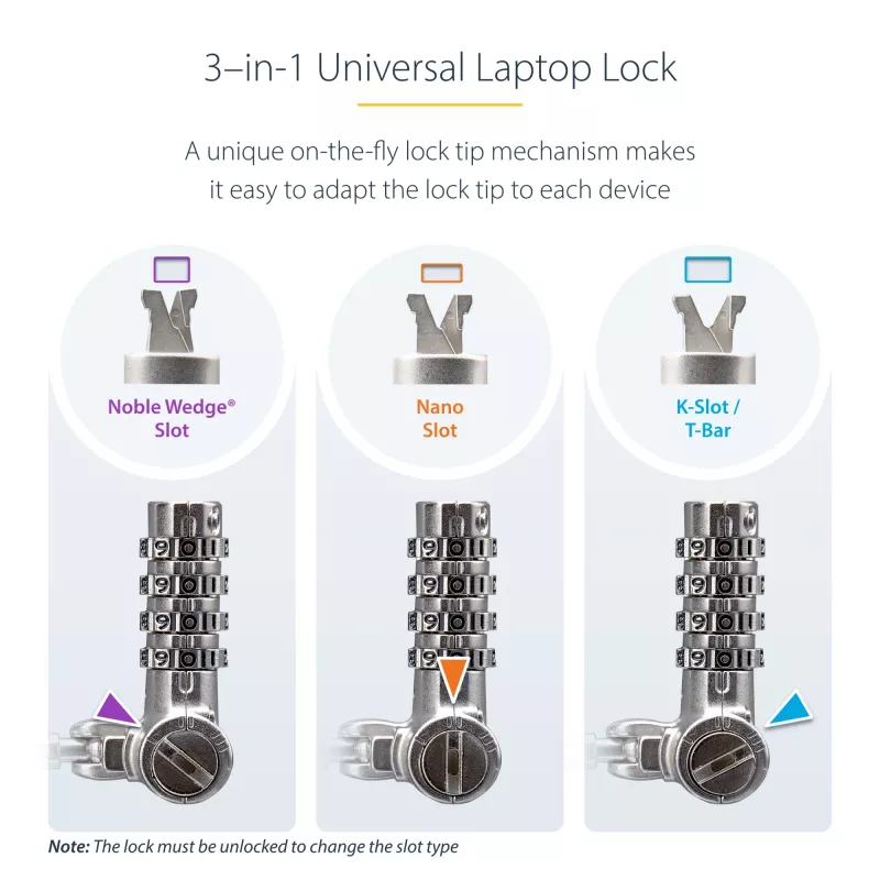 StarTech.com Confezione da 25 lucchetti universali per laptop da 2 m, cavo di sicurezza serializzato per notebook, compatibile con Noble Wedge®/Nano/K-Slot, cavo con lucchetto a combinazione senza chiave – TAA