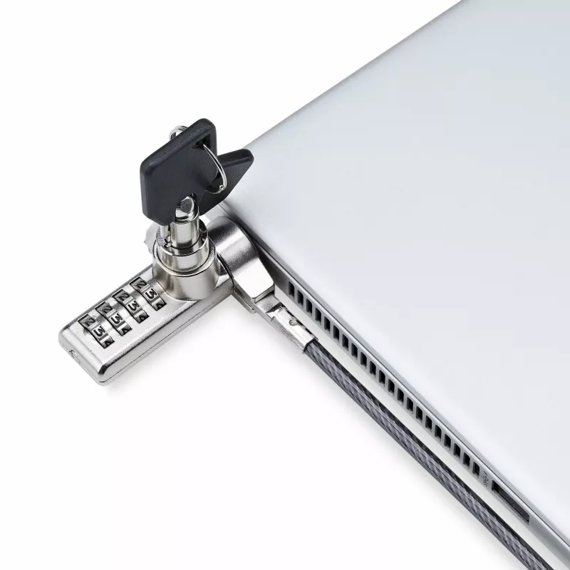 StarTech.com Confezione da 10 lucchetti per laptop a doppio accesso, cavo di sicurezza da 1,98 m con chiave unica e combinazione numerica per dispositivi con slot K, cavo in acciaio antifurto per computer