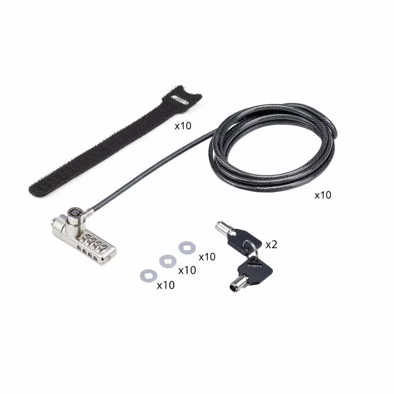 StarTech.com Confezione da 10 lucchetti per laptop a doppio accesso, cavo di sicurezza da 1,98 m con chiave unica e combinazione numerica per dispositivi con slot K, cavo in acciaio antifurto per computer