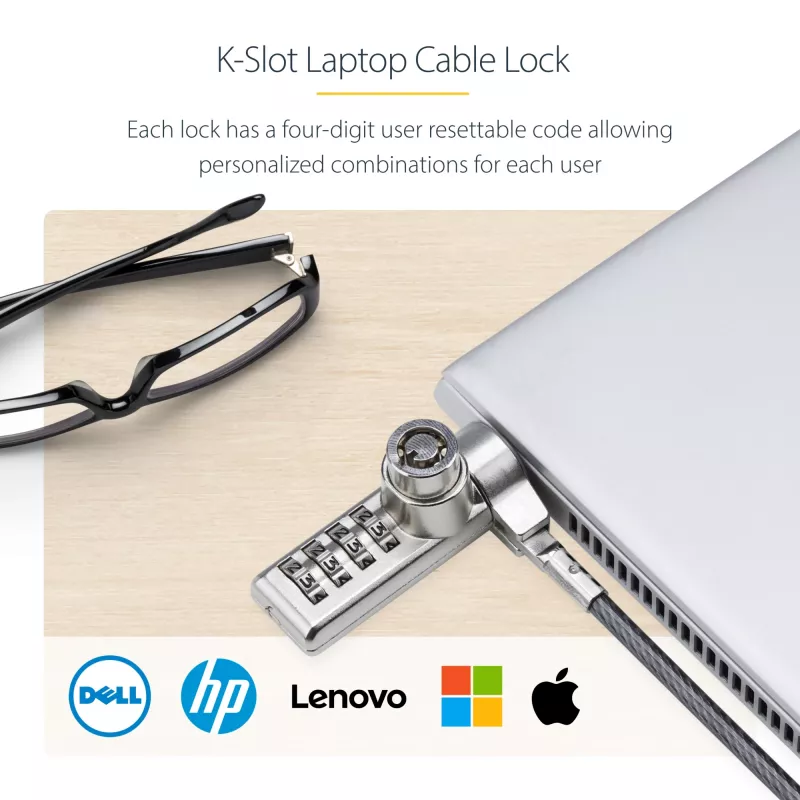 StarTech.com Confezione da 10 lucchetti per laptop a doppio accesso, cavo di sicurezza da 1,98 m con chiave unica e combinazione numerica per dispositivi con slot K, cavo in acciaio antifurto per computer
