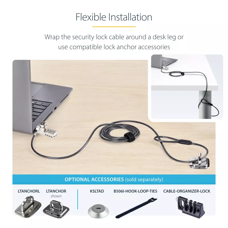 StarTech.com Confezione da 10 lucchetti per laptop a doppio accesso, cavo di sicurezza da 1,98 m con chiave unica e combinazione numerica per dispositivi con slot K, cavo in acciaio antifurto per computer