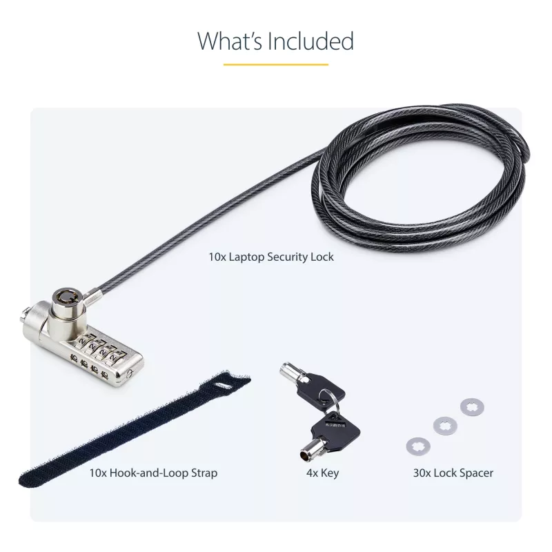 StarTech.com Confezione da 10 lucchetti per laptop a doppio accesso, cavo di sicurezza da 1,98 m con chiave unica e combinazione numerica per dispositivi con slot K, cavo in acciaio antifurto per computer
