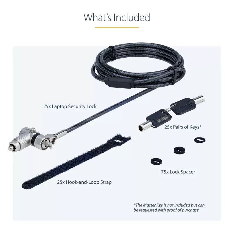 StarTech.com 25-Pack Universal Laptop Lock 6.6ft (2m), cavo di blocco con chiave master, sicurezza computer, compatibile con Noble Wedge®/Nano/K-Slot; cavo antifurto resistente al taglio