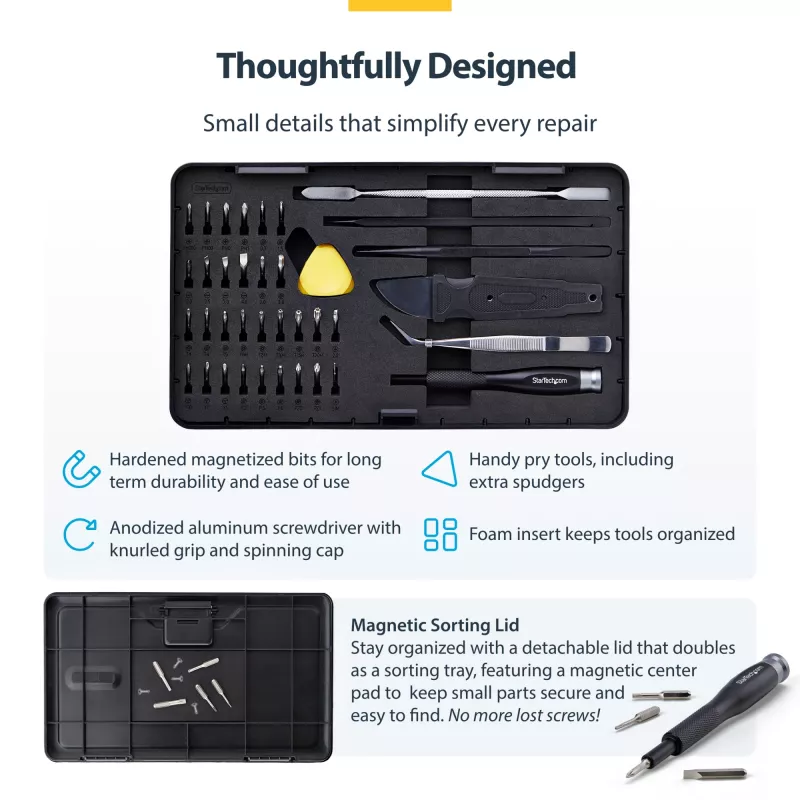 StarTech.com Kit di riparazione computer da 40 pezzi per laptop/PC/elettronica/telefono, set di cacciaviti di precisione con 30 punte, coperchio rimovibile con tappetino magnetico, strumenti di leva