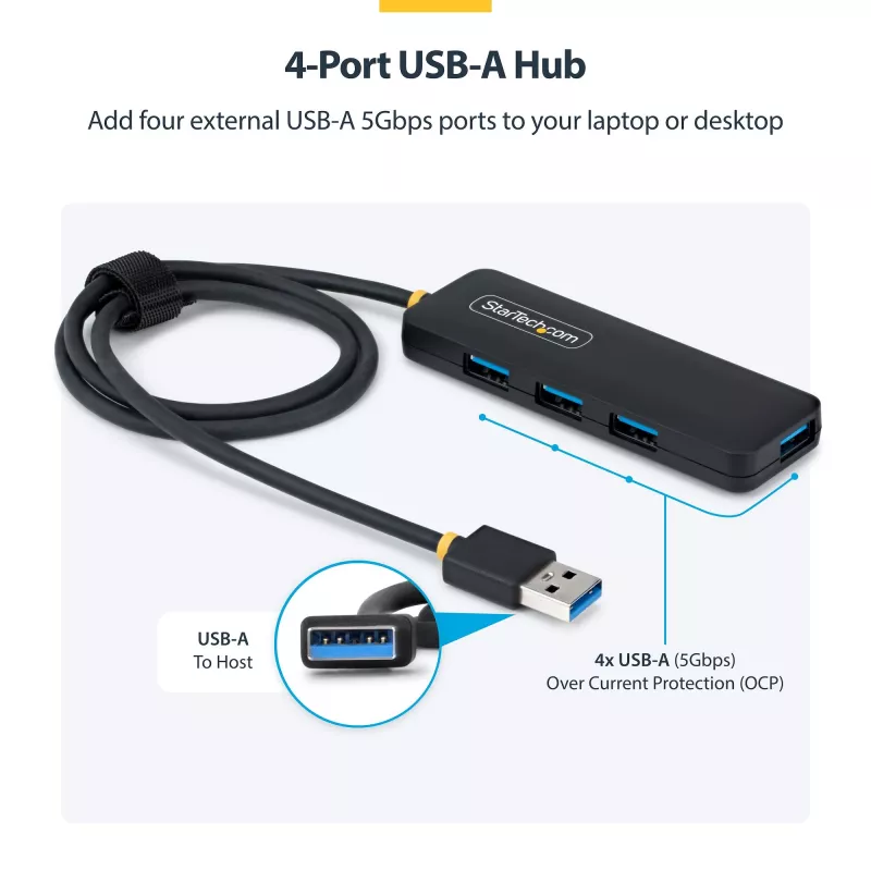 StarTech.com Hub USB-A a 4 porte, 5 Gbit/s, bus-powered, hub mini da USB-A a 4x USB-A, cavo host extra lungo da 61 cm, plastica PCR, hub USB portatile per desktop/laptop