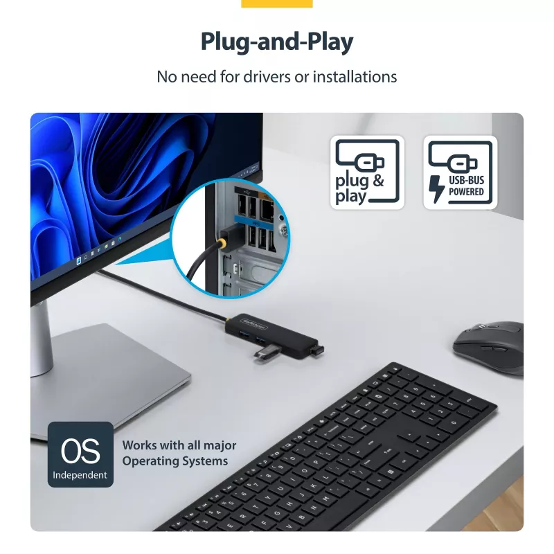 StarTech.com Hub USB-A a 4 porte, 5 Gbit/s, bus-powered, hub mini da USB-A a 4x USB-A, cavo host extra lungo da 61 cm, plastica PCR, hub USB portatile per desktop/laptop