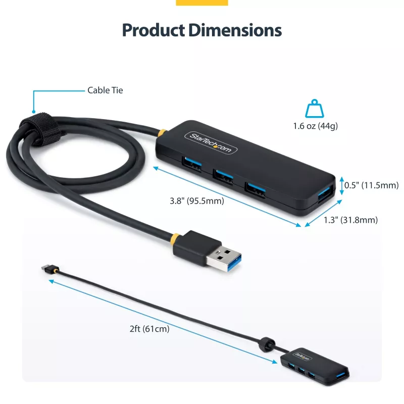 StarTech.com Hub USB-A a 4 porte, 5 Gbit/s, bus-powered, hub mini da USB-A a 4x USB-A, cavo host extra lungo da 61 cm, plastica PCR, hub USB portatile per desktop/laptop