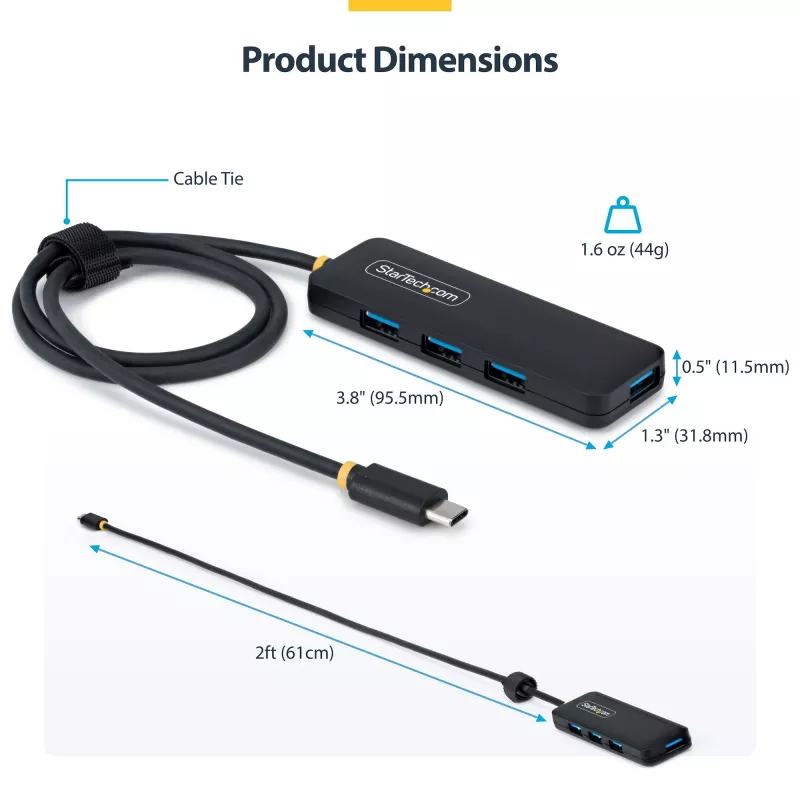 StarTech.com Hub USB-C a 4 porte, 5 Gbit/s, bus-powered, hub mini da USB-C a 4x USB-A, cavo host extra lungo da 61 cm, plastica PCR, hub USB portatile per desktop/laptop