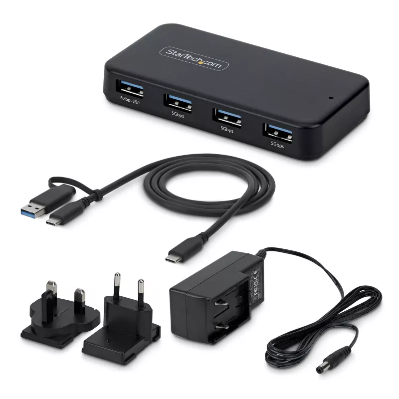 StarTech.com Hub USB-A a 4 porte, 5 Gbit/s, autoalimentato, cavo host 2-in-1 USB-C e USB-A, 1 porta di ricarica BC 1.2, alimentatore 24 W incluso, MacBook e Windows