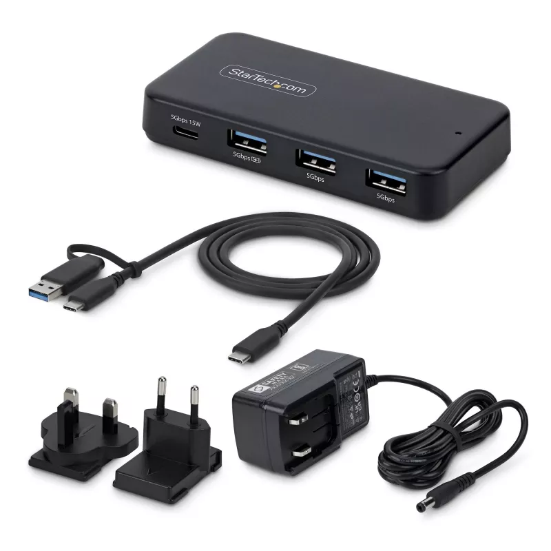 StarTech.com Hub USB-C e USB-A a 4 porte, 5Gbps, autoalimentato, cavo host USB-C e USB-A 2-in-1, 1x USB-C e 3x USB-A (1x BC 1.2), alimentatore 36W incluso