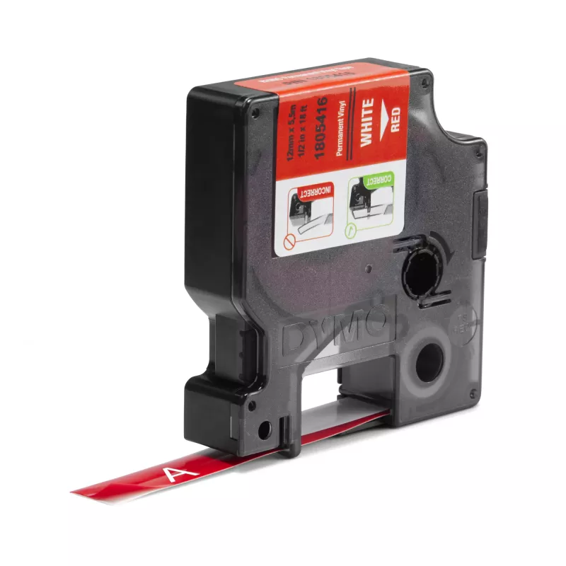 DYMO Etichette in vinile industriali Rhino | 12 mm x 5,5 m | stampa bianca su rosso | autoadesive | per etichettatrici LabelManager e Rhino