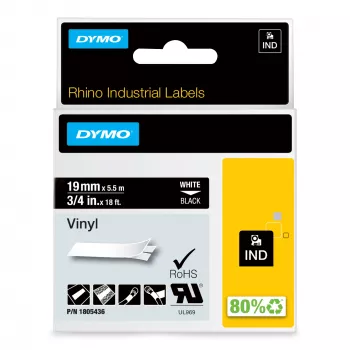 DYMO Etichette in vinile industriali Rhino | 19 mm x 5,5 m | stampa bianca su nero | autoadesive | per etichettatrici LabelManager e Rhino