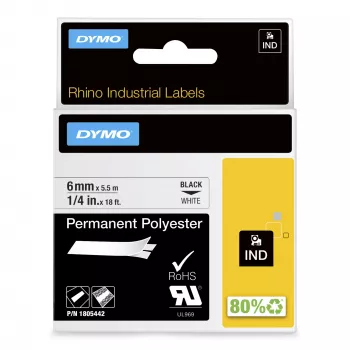 DYMO Etichette in poliestere permanenti industriali Rhino | 6 mm x 5,5 m | stampa nera su bianco | autoadesive | per etichettatrici Rhino e LabelManager