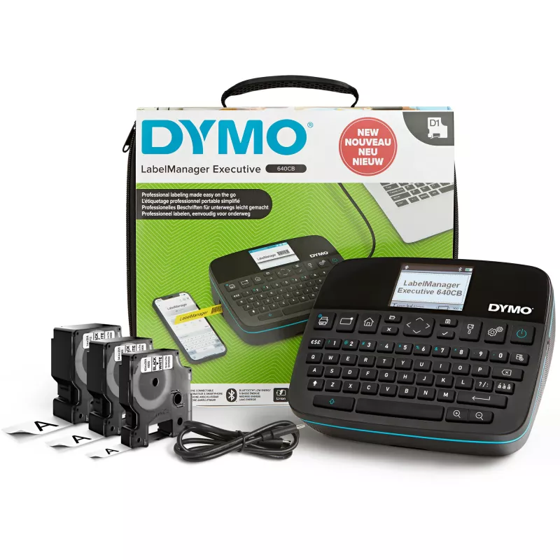 DYMO LabelManager Executive 640 CB kit etichettatrice portatile con custodia e 3 cartucce etichette | Etichettatrice compatta QWERTY | Connettività Bluetooth e USB | Compatibile con etichette D1