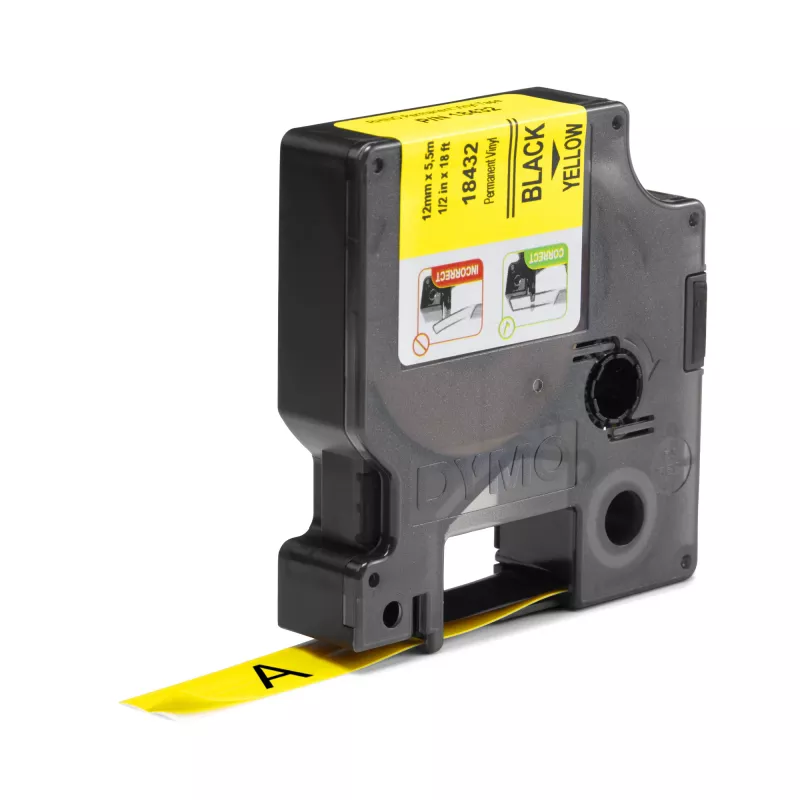 DYMO Rhino etichette industriali in vinile | 12 mm x 5,5 m | Stampa nera su giallo | Autoadesive | per etichettatrici Rhino e LabelManager