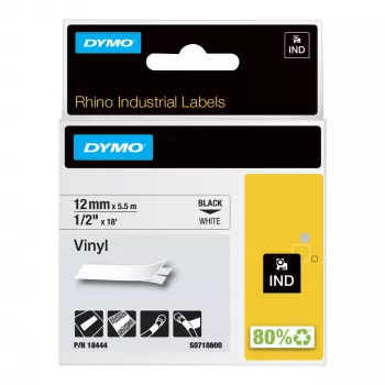 DYMO Rhino etichette industriali in vinile | 12 mm x 5,5 m | Stampa nera su bianco | Autoadesive | per etichettatrici Rhino e LabelManager
