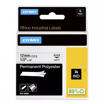 DYMO Rhino etichette industriali in poliestere permanente | 12 mm x 5,5 m | Stampa nera su bianco | Autoadesive | per etichettatrici Rhino e LabelManager