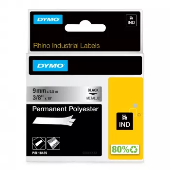 DYMO Rhino etichette industriali in poliestere permanente | 9 mm x 5,5 m | Stampa nera su metallizzato | Autoadesive | per etichettatrici Rhino e LabelManager