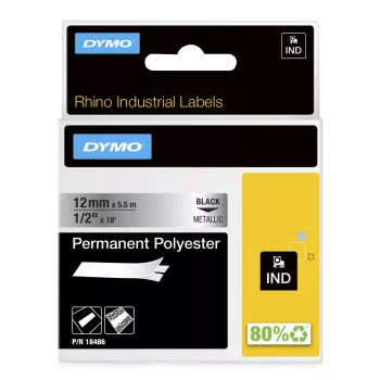 DYMO Rhino etichette industriali in poliestere permanente | 12 mm x 5,5 m | Stampa nera su metallizzato | per etichettatrici Rhino e LabelManager
