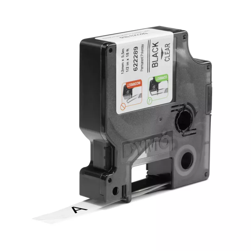 DYMO Rhino etichette industriali in poliestere permanente | 12 mm x 5,5 m | Stampa nera su trasparente | Autoadesive | per etichettatrici LabelManager e Rhino