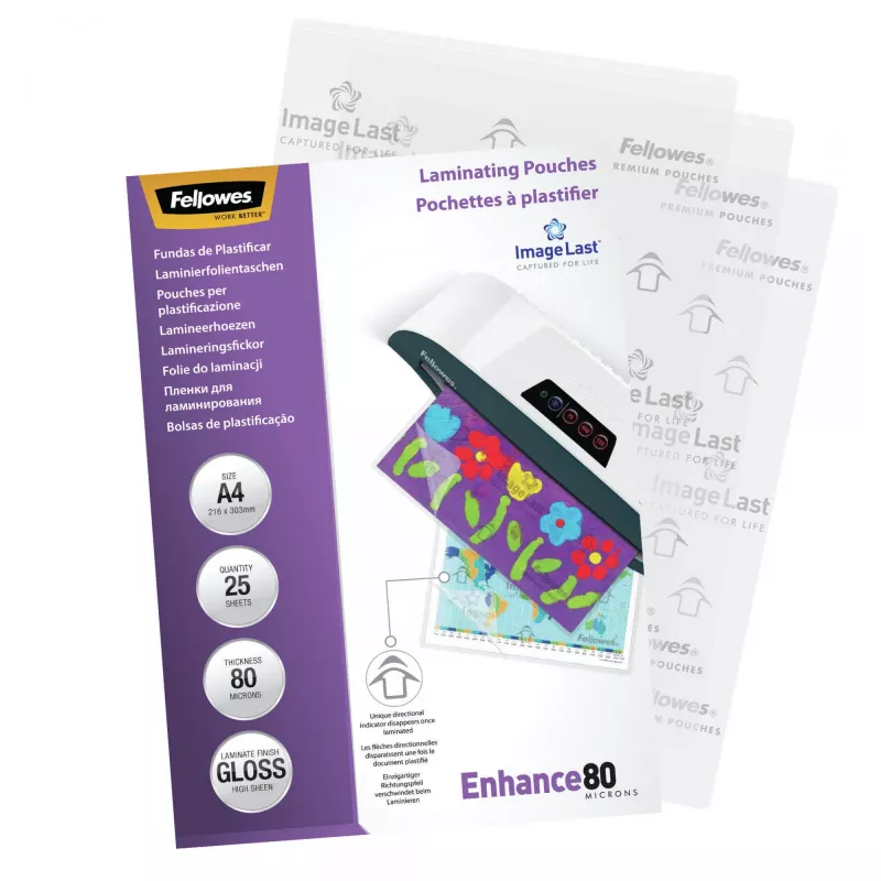 Fellowes ImageLast A4 80 micron pellicole per laminazione – confezione da 25, lucide, trasparenti, A4, 0,08 mm, 210 mm, 1 mm