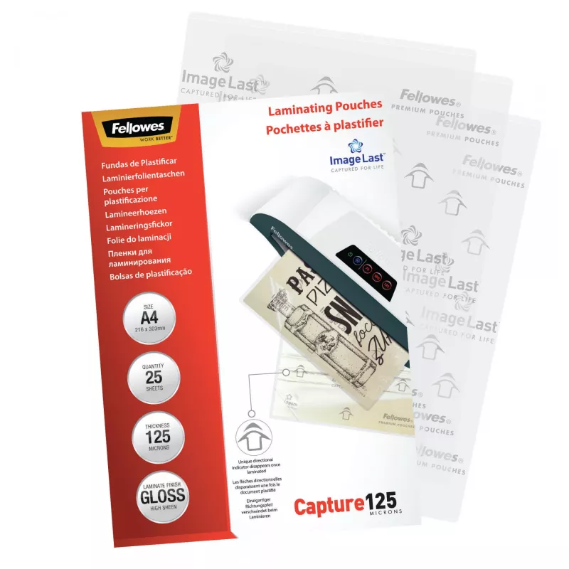 Fellowes ImageLast A4 125 micron pellicole per laminazione - 25 pezzi, lucide, trasparenti, A4, 0,125 mm, 310 mm, 214 mm