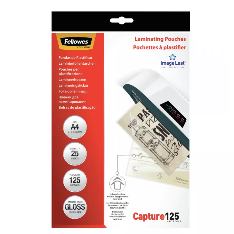 Fellowes ImageLast A4 125 micron pellicole per laminazione - 25 pezzi, lucide, trasparenti, A4, 0,125 mm, 310 mm, 214 mm