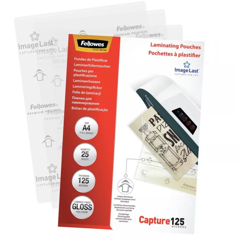 Fellowes ImageLast A4 125 micron pellicole per laminazione - 25 pezzi, lucide, trasparenti, A4, 0,125 mm, 310 mm, 214 mm