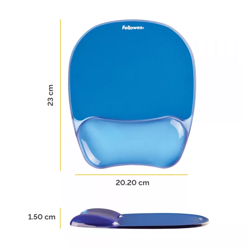 Fellowes Mouse Mat Wrist Support - tappetino mouse Crystals Gel con base antiscivolo in gomma - tappetino mouse ergonomico per computer, laptop, home office – compatibile con mouse laser e ottici – blu