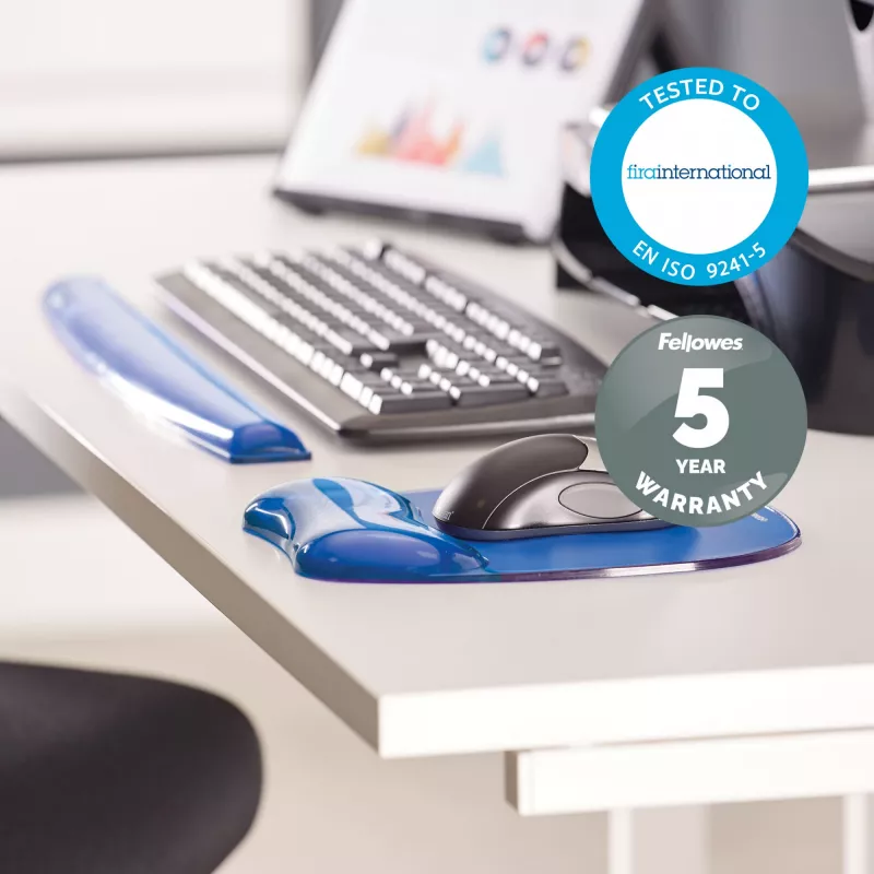 Fellowes Mouse Mat Wrist Support - tappetino mouse Crystals Gel con base antiscivolo in gomma - tappetino mouse ergonomico per computer, laptop, home office – compatibile con mouse laser e ottici – blu