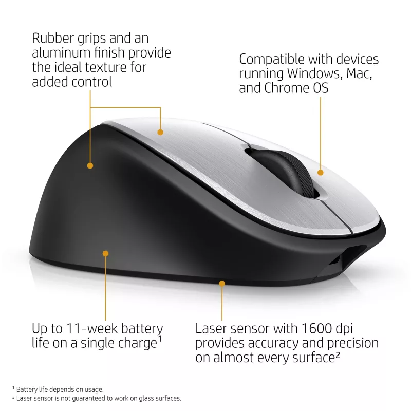 HP ENVY mouse ricaricabile 500, ambidestro, laser, RF wireless, 1600 DPI, nero, grigio