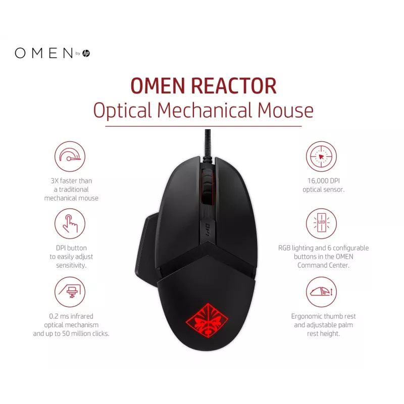 HP OMEN by Reactor mouse, per destrorsi, ottico, USB Type-A, 16000 DPI, 0,2 ms, nero