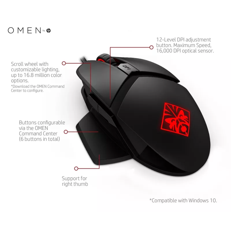 HP OMEN by Reactor mouse, per destrorsi, ottico, USB Type-A, 16000 DPI, 0,2 ms, nero