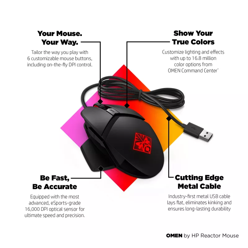 HP OMEN by Reactor mouse, per destrorsi, ottico, USB Type-A, 16000 DPI, 0,2 ms, nero