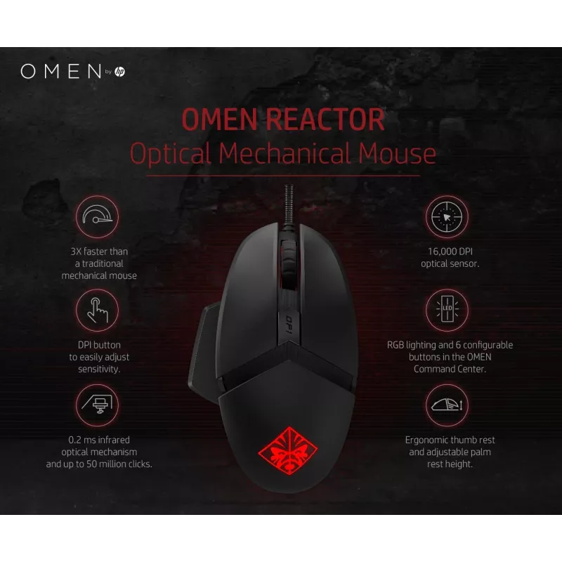HP OMEN by Reactor mouse, per destrorsi, ottico, USB Type-A, 16000 DPI, 0,2 ms, nero