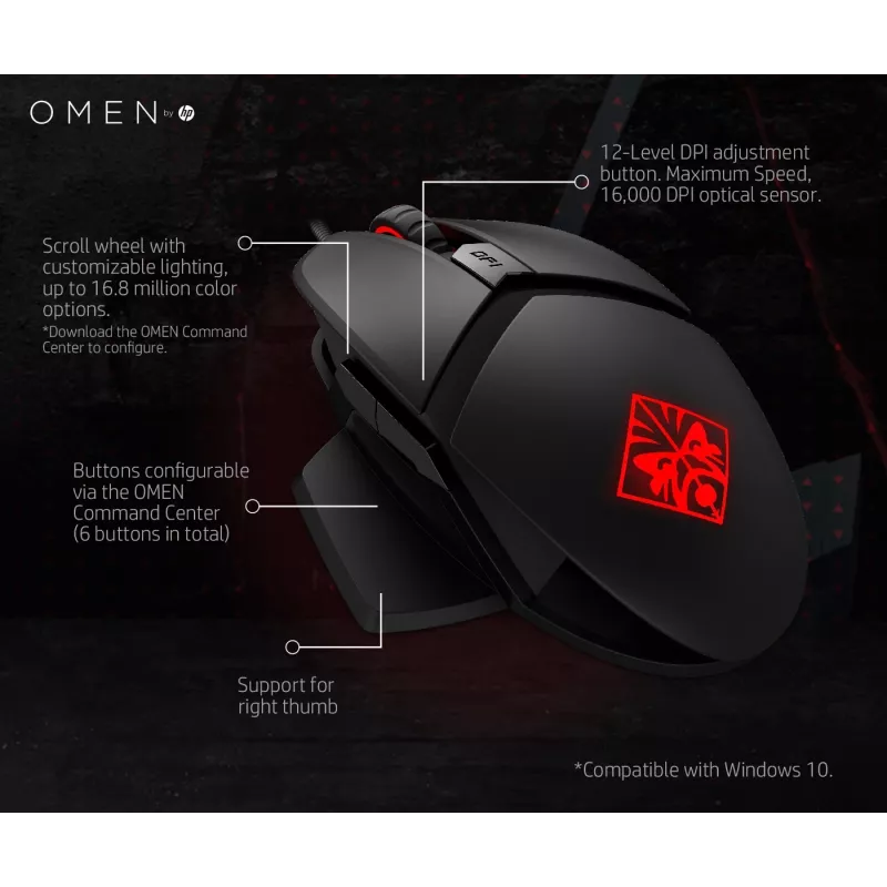 HP OMEN by Reactor mouse, per destrorsi, ottico, USB Type-A, 16000 DPI, 0,2 ms, nero