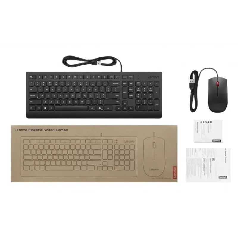 Set tastiera e mouse USB full-size con filo Lenovo 4X31R64409 — layout 100%, cavo 1,8 m, nero, danese