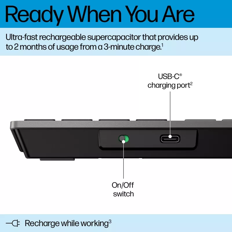 Tastiera wireless ricaricabile multi-dispositivo HP 720, Full-size (100%), Wireless, USB + Bluetooth, Meccanica, QWERTY, nero