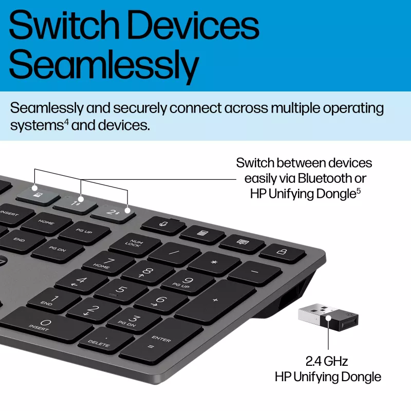 Set tastiera e mouse wireless ricaricabile multi-dispositivo HP 725 Full-Size Wireless Bluetooth