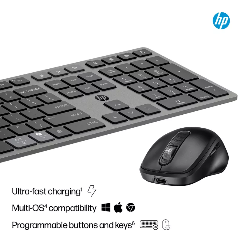 Set tastiera e mouse wireless ricaricabile multi-dispositivo HP 725 Full-Size Wireless Bluetooth