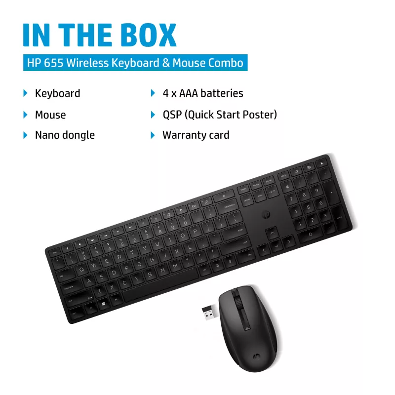 Combo tastiera e mouse wireless HP 655, nero, mouse incluso