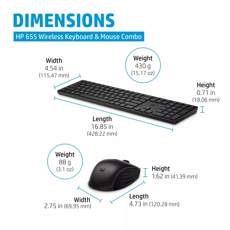 Combo tastiera e mouse wireless HP 655, nero, mouse incluso