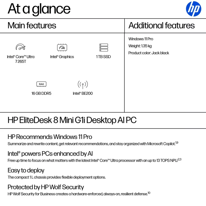 Mini PC HP EliteDesk 8 Mini G1i AI — Intel Core Ultra 7 265T, 16 GB DDR5, 1 TB SSD, Windows 11 Pro, nero